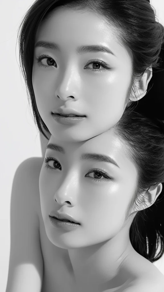 generate an image in black and white, inspired by the genre of film noir. A pretty Asian girl long black hair bang bun, yellow and black tape wrapping body text"CAUTION" ( real color), There is an intense contrast between light and shadow, with light reflecting off of wet surfaces creating highlights. picture taken from below perspective , with the light source adjusted to create a chiaroscuro effect at different angles. The rays of light are directed from a high angle, selectively illuminating her right eye, cheekbone, and lips while sculpting the contours of her neck, shoulders, and collarbone with light. The rest of her face blends into shadow,