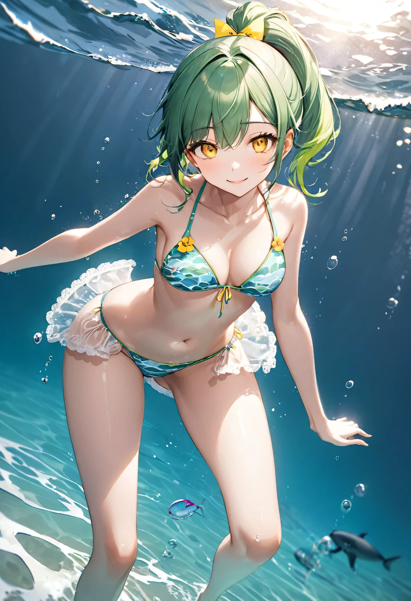 (full body, pov fine swimsuit style), (solo:2, 15 yo, ponytail green hair long hair sexy girl, cute yellow eyes, love smile, medium tits), (in a fringe bikini, exposure water love ocean), break, in the Swimsuit contest venue, background Double Exposure beautiful ocean, BREAK, perfect anatomy, masterpiece, best quality, 16k, beautiful detailed love, sexy, daydreaming expression.