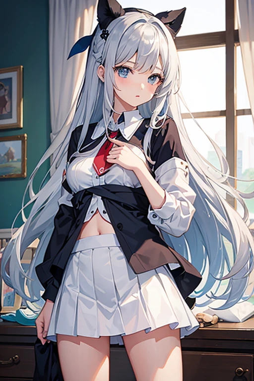 masterpiece, Highest quality, High resolution,Follow the on-screen instructions、Anime Style、Follow the prompts、One Girl、Long silver hair、、Grab your clothes and pull them up to your chest、mini skirt、