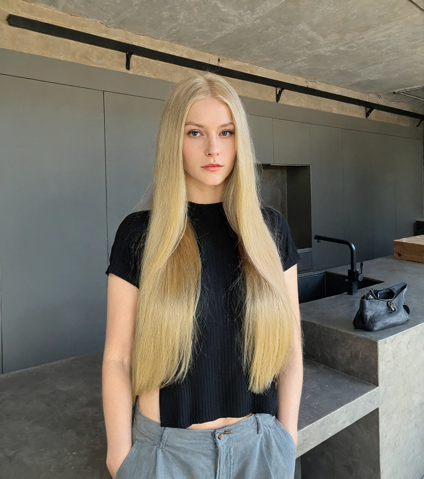 blond woman with long hair standing in a room with a counter, with long blonde hair, extremely long and thick blonde hair, with long hair, Her hair is long and straight., with very long blonde hair, but long blonde and straight, dark long blond hair, by the absurdly wide red, long blond hair oscuro, girl with super long hair, long blond hair