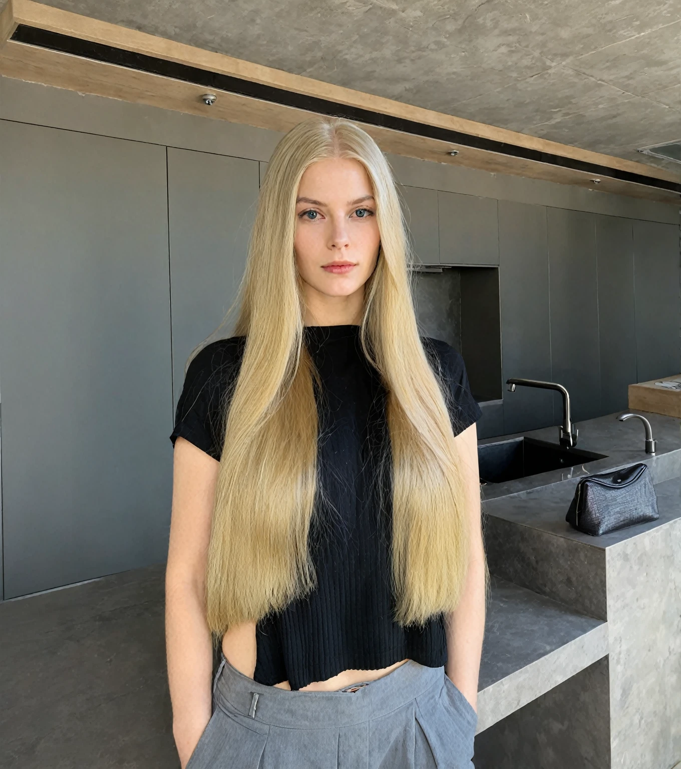 blond woman with long hair standing in a room with a counter, with long blonde hair, extremely long and thick blonde hair, with long hair, Her hair is long and straight., with very long blonde hair, but long blonde and straight, dark long blond hair, by the absurdly wide red, long blond hair oscuro, girl with super long hair, long blond hair