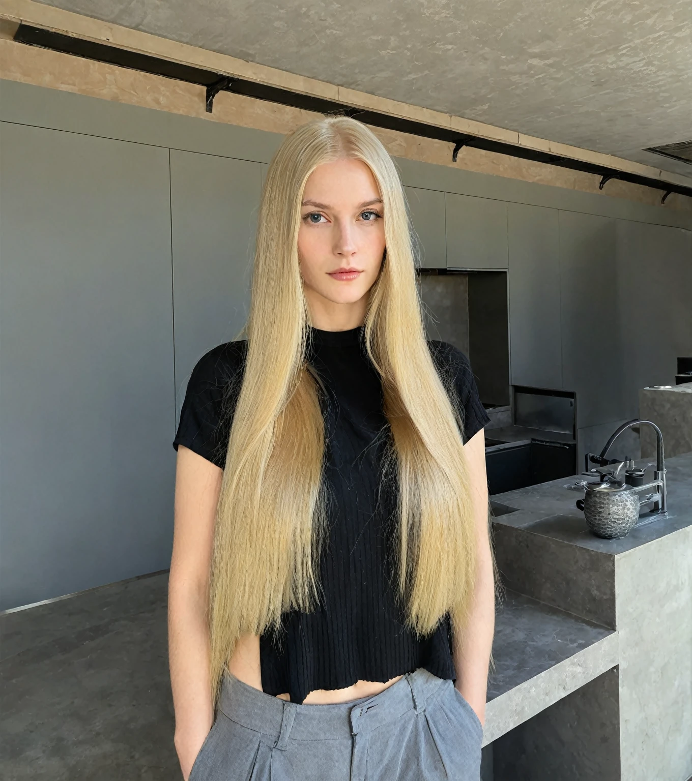 blond woman with long hair standing in a room with a counter, with long blonde hair, extremely long and thick blonde hair, with long hair, Her hair is long and straight., with very long blonde hair, but long blonde and straight, dark long blond hair, by the absurdly wide red, long blond hair oscuro, girl with super long hair, long blond hair