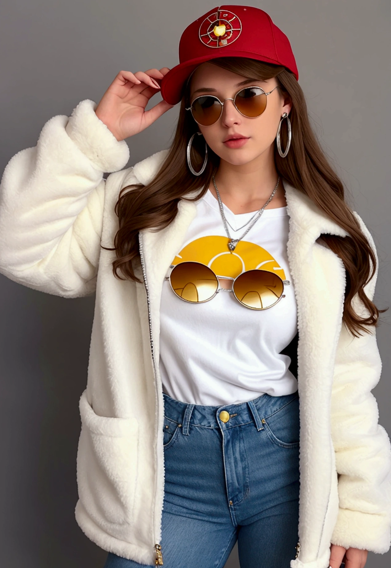 A white girl with sun glasses, brown hair, red shirt, big , white furry &fluffy jacket, with blue jeans, big ass, yellow cap in the middle a logo of etherium, silver necklace with the logo of etherium, golden hoop earring, beatiful young 20 year old.