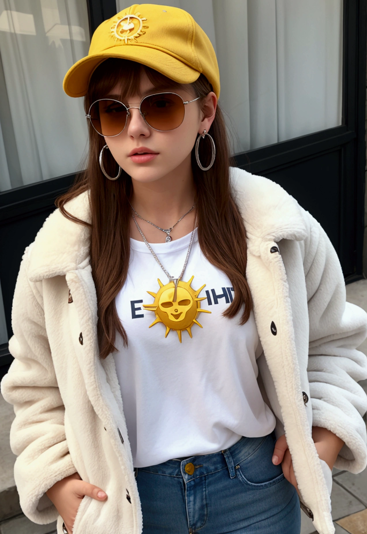 A white girl with sun glasses, brown hair, red shirt, big , white furry &fluffy jacket, with blue jeans, big ass, yellow cap in the middle a logo of etherium, silver necklace with the logo of etherium, golden hoop earring, beatiful young 20 year old.