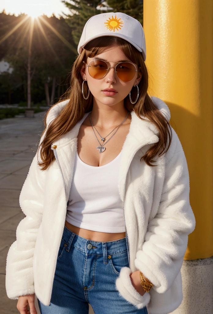 A white girl with sun glasses, brown hair, red shirt, big , white furry &fluffy jacket, with blue jeans, big ass, yellow cap in the middle a logo of etherium, silver necklace with the logo of etherium, golden hoop earring, beatiful young 20 year old.