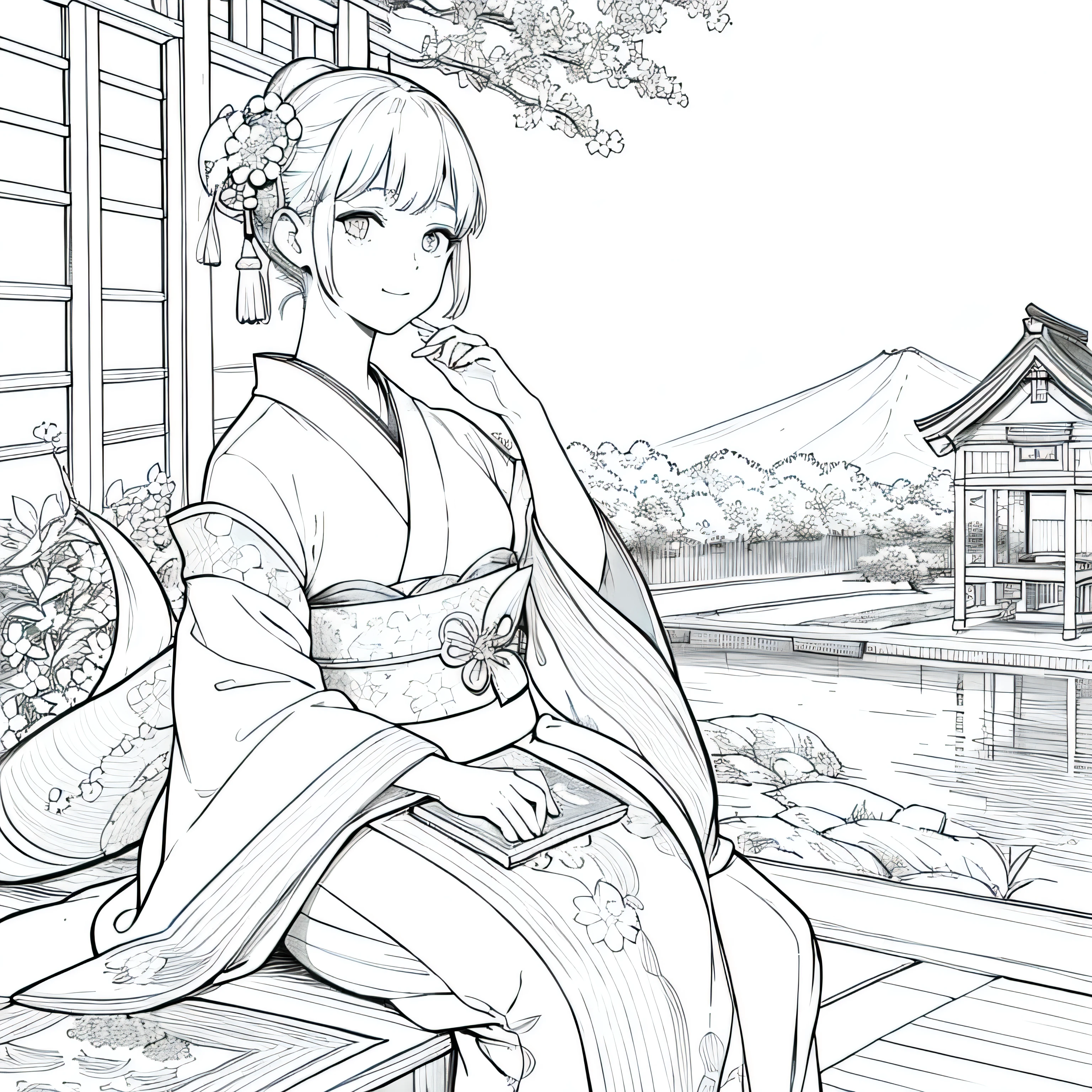 masterpiece, Top-class,only, Dragon Cute , flower line art background, White Background, monochrome, line art, ((sketch)), spooky, White eyes, 大人でも簡単にできるmonochromeの塗り絵を作ってください, A realistic and cute ukiyo-e painting of a girl in a kimono, Mr.々In a pose, With a Japanese garden in the background, Communicating Japanese culture.