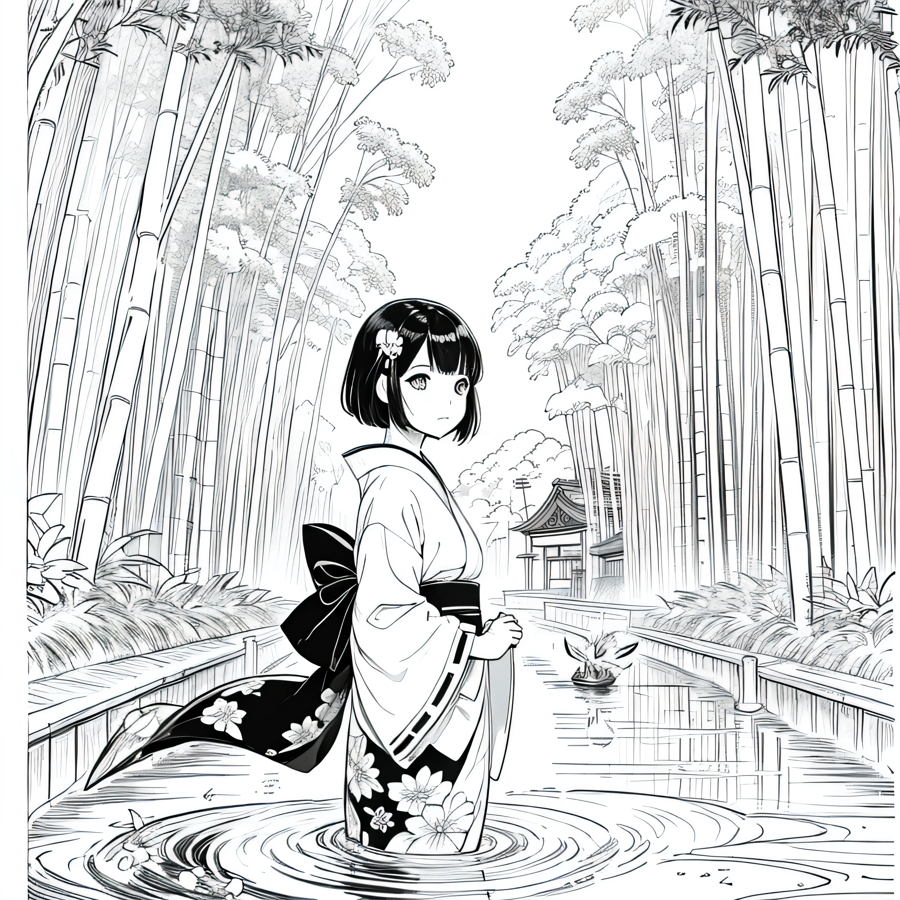 塗り絵andして, The color must be black and white, Boundaries should be simple, clear, bold. [Girl and short brown hair] wearing [kimono and koi fish pattern] While taking a walk [Arashiyama Bamboo Forest] Kyoto, Japan, and [Hairpin]
