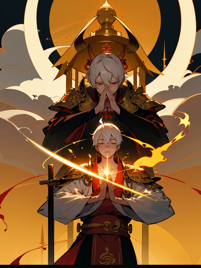Buddha,Burning Eyes, horn, white short hair, black armor, torii, man, full moon, hands together in prayer, Zen meditation Golden guardian dog Japanese sword 蓮の花