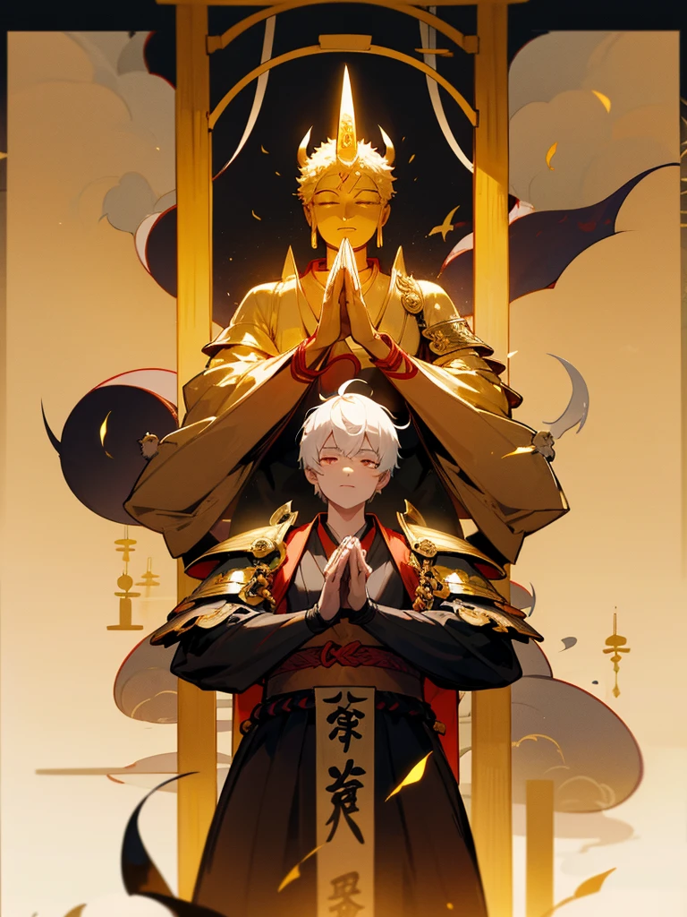 Dragon God Kannon Bodhisattva,Purple eyes, Gold Ghost, White Short Hair, Black Armor, torii, male, Buddha, Praying with hands together, Zazen, Blue Flame, Lotus Field, pure land, 神Buddha融合