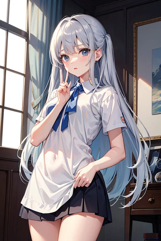 masterpiece, Highest quality, High resolution，Follow the on-screen instructions、Anime Style、Follow the prompts、One Girl、Long silver hair、、Grab your clothes and pull them up to your neck、mini skirt、