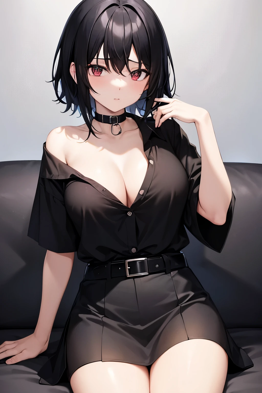 An anime girl with black and somewhat short hair, at shoulder height, wearing a black skirt, a belt, a black button-down shirt, half open. She is sitting on the sofa in a provocative way 