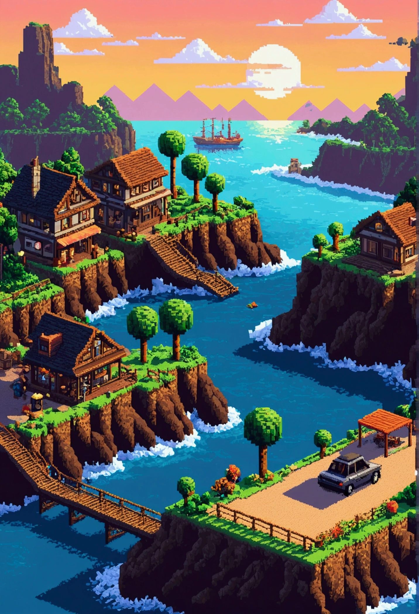 Tourist landscape in pixel art. evening. funds'3D pixel art screen 4K. Amazing pixel art details. pixel art. steam wave. pixel art détaillé d'playstation 1 nostalgie