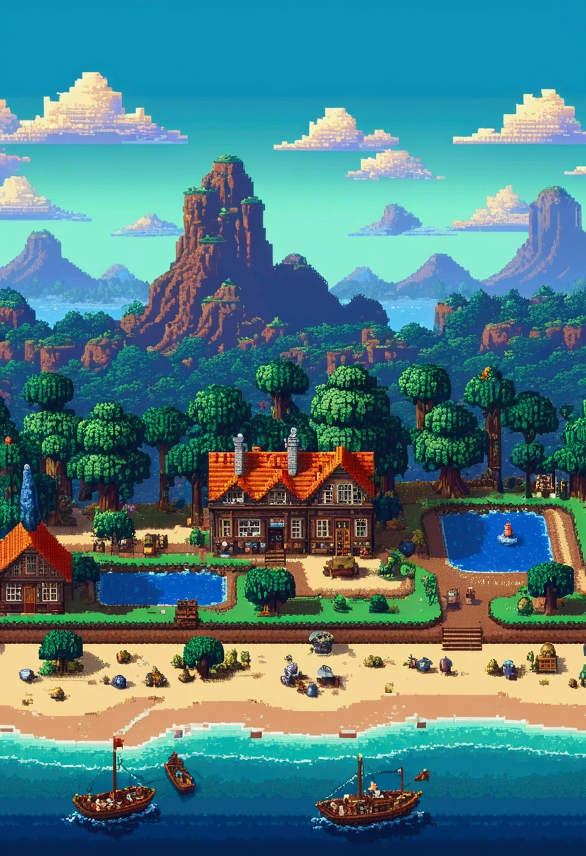 Tourist landscape in pixel art. evening. funds'3D pixel art screen 4K. Amazing pixel art details. pixel art. steam wave. pixel art détaillé d'playstation 1 nostalgie