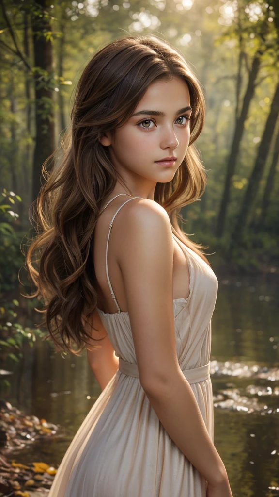 a  girl with brown hair and small breasts,1girl,realistic,detailed facial features,beautiful eyes,small breasts,,natural lighting,soft colors,warm tones,detailed skin texture,beautiful hair strands,realistic proportions,elegant dress,environmental portrait,cinematic lighting,photorealistic,award winning digital artwork