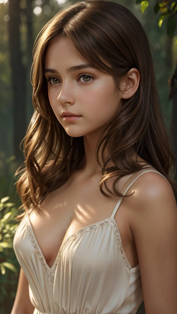 a  girl with brown hair and small breasts,1girl,realistic,detailed facial features,beautiful eyes,small breasts,,natural lighting,soft colors,warm tones,detailed skin texture,beautiful hair strands,realistic proportions,elegant dress,environmental portrait,cinematic lighting,photorealistic,award winning digital artwork