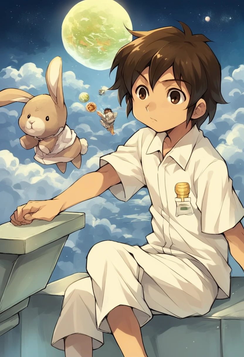 A 5-year-old brown-haired boy wearing white pajamas is building a spaceship. Stuffed rabbit, space, planet, moon, performer, milky way, shooting performer, score_9, score_8_superior, score_7_superior, score_6_superior, score_5_superior, score_4_superior, sauce_anime, One boy, Handa Shinichi, Brown Hair, Brown eyes, , Pause, View your viewers, score_9, score_8_superior, score_7_superior, score_6_superior, score_5_superior, score_4_superior, sauce_anime, One boy, Handa Shinichi, Brown Hair, Brown eyes, Pause, anime, One boy, Handa Shinichi, Brown Hair, Brown eyes