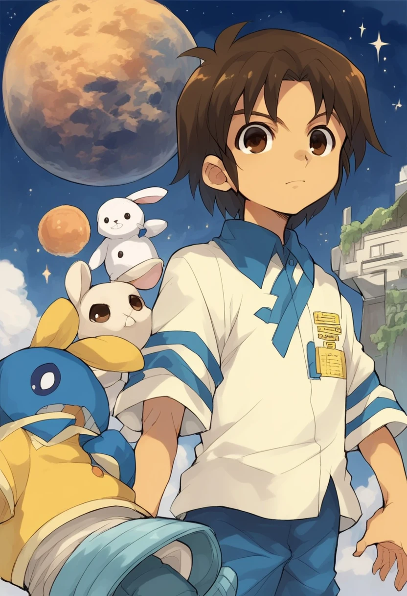 A 5-year-old brown-haired boy wearing white pajamas is building a spaceship. Stuffed rabbit, space, planet, moon, performer, milky way, shooting performer, score_9, score_8_superior, score_7_superior, score_6_superior, score_5_superior, score_4_superior, sauce_anime, One boy, Handa Shinichi, Brown Hair, Brown eyes, , Pause, View your viewers, score_9, score_8_superior, score_7_superior, score_6_superior, score_5_superior, score_4_superior, sauce_anime, One boy, Handa Shinichi, Brown Hair, Brown eyes, Pause, anime, One boy, Handa Shinichi, Brown Hair, Brown eyes