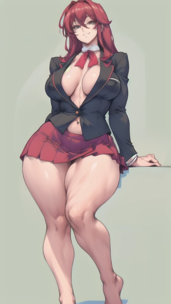 full body in image, full naked woman, (feet on image), simple hair, female naked body, curvy body, large hips, beautiful woman, thicc body, big thighs, voluptuous body, full thick body, dinamic pose, curve body. detalied pose, body, simple background, expressive face, focus on face, line art, sketch, Full body image of Rias Gremory from High School DxD, full body in image, wearing her original outfit (school uniform with a white blouse, red skirt, and black blazer with red trim), long red hair, female body, curvy and voluptuous body, dynamic pose, detailed pose, simple background, expressive face showing a confident smile, focus on face, line art, sketch
