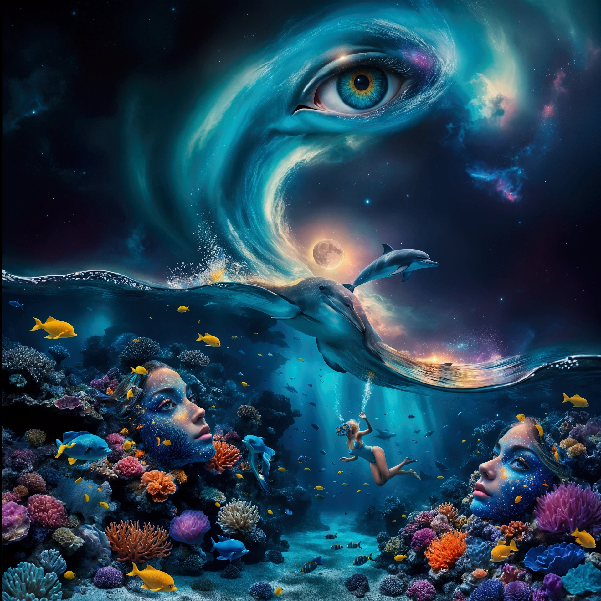 at night, Surreal, fantasy-style digital artwork featuring an underwater scene with vibrant coral reefs and various colorful fish. The layout is divided into two main sections: the underwater world and the sky above. In the underwater section, there are two large, human-like faces detailed made of coral and sea life, with intricate details and vivid colors. (A blonde woman in a bikini detailed with fins, mask and snorkel, surrounded by small bioluminescent creatures dancing around her, leaving trails of light.). Above the water, Starry sky: (A sky with a swirling galaxy evolving into a giant blue eye detailed ), embedded in a starry sky adorned with nebulae and cosmic dust. (A dolphin leaps out of the water towards a glowing moon, enhancing the dreamlike atmosphere). The overall composition is rich in detail and color, creating a captivating and otherworldly visual experience.Shimmering mist: A mist envelops the scene, lending it an ethereal quality. best quality, 8k, masterpiece, hight resolution.