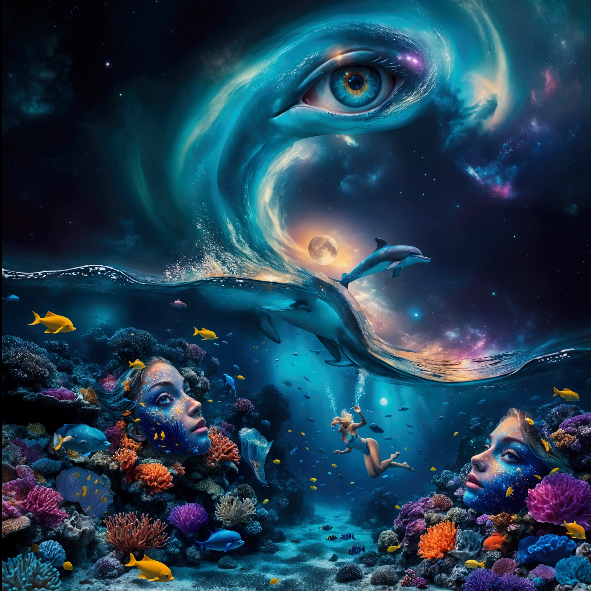 at night, Surreal, fantasy-style digital artwork featuring an underwater scene with vibrant coral reefs and various colorful fish. The layout is divided into two main sections: the underwater world and the sky above. In the underwater section, there are two large, human-like faces detailed made of coral and sea life, with intricate details and vivid colors. (A blonde woman in a bikini detailed with fins, mask and snorkel, surrounded by small bioluminescent creatures dancing around her, leaving trails of light.). Above the water, Starry sky: (A sky with a swirling galaxy evolving into a giant blue eye detailed ), embedded in a starry sky adorned with nebulae and cosmic dust. (A dolphin leaps out of the water towards a glowing moon, enhancing the dreamlike atmosphere). The overall composition is rich in detail and color, creating a captivating and otherworldly visual experience.Shimmering mist: A mist envelops the scene, lending it an ethereal quality. best quality, 8k, masterpiece, hight resolution.