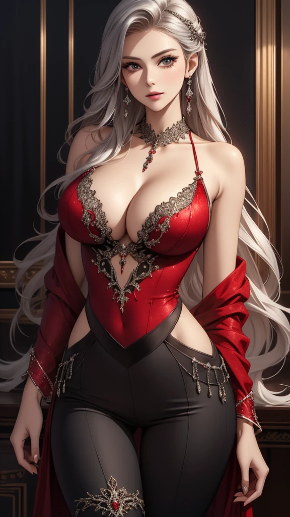 Closeup, Best quality, masterpiece, realistic, Beautiful sexy cool tall, slim, fit woman, wearing fancy silver-red sequin  top and black pants, intricate and highly detailed, cleavage, long silver hair, body chain, jewelry.