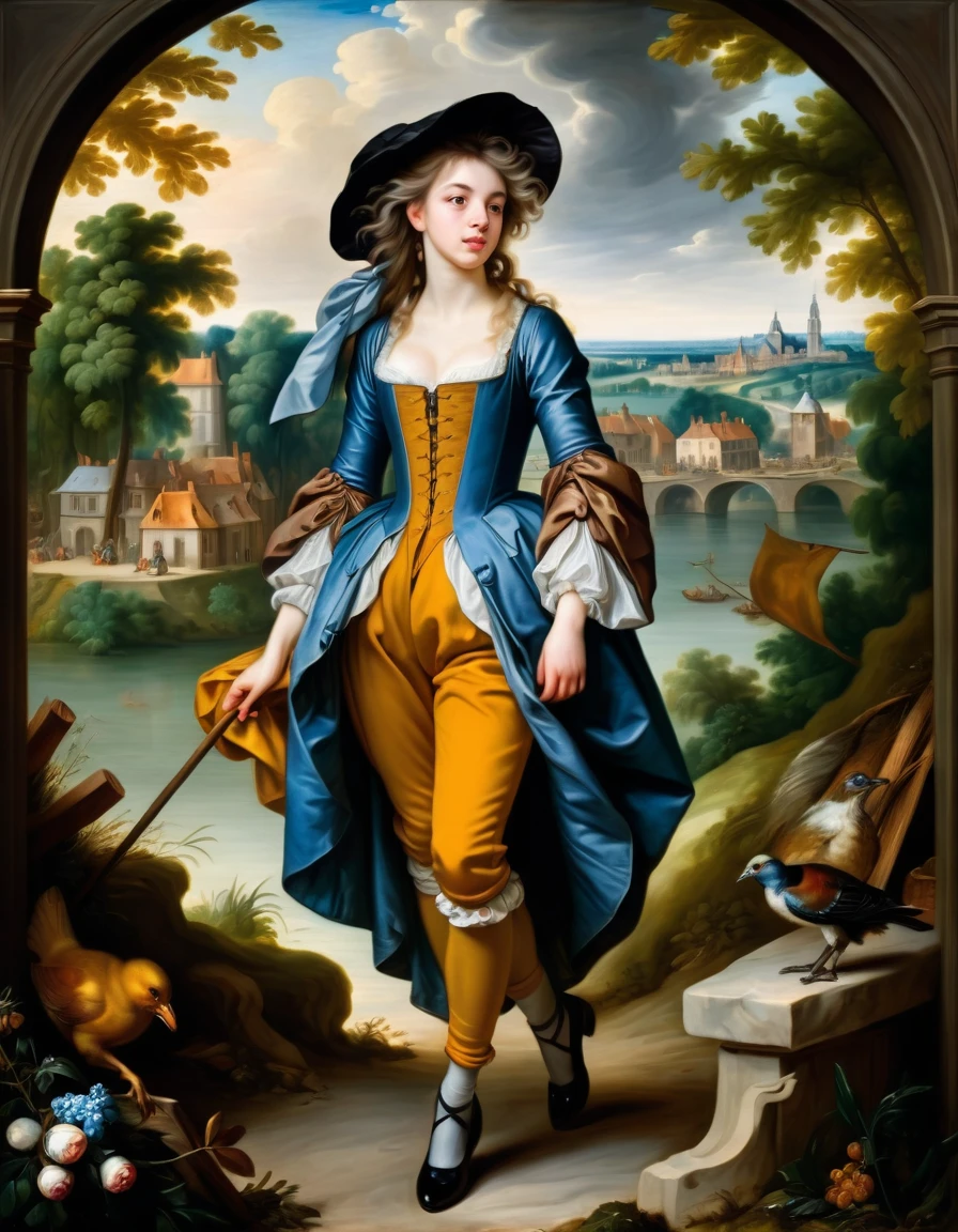 [[full-length view: young attractive girl ((style Jean Baptiste Greuze))]/[background: (amazing Renaissance landscape based on Pieter Brueghel the Elder) (masterpiece)], oil painting, extreme detail, intricate, unusual, ((best quality))]