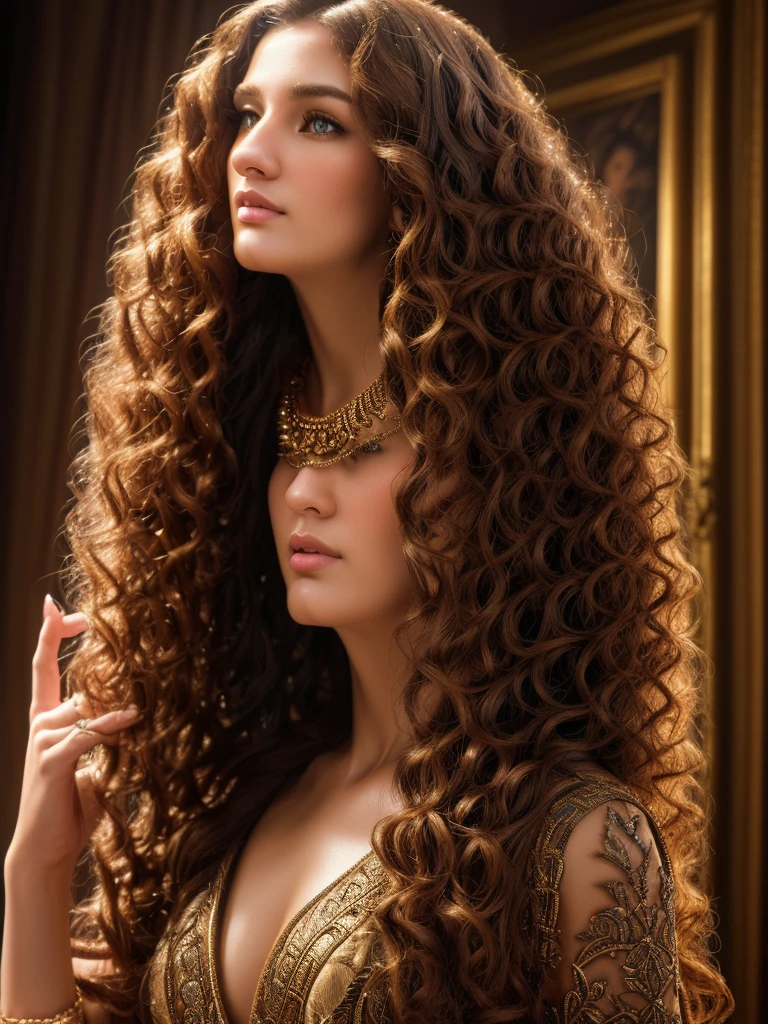 beautiful detailed man with long curly hair, duke's clothing, ornate and elaborate clothing, detailed facial features, intricate jewelry, high quality portrait, cinematic lighting, dramatic chiaroscuro, oil painting, masterpiece, (best quality,4k,8k,highres,masterpiece:1.2),ultra-detailed,(realistic,photorealistic,photo-realistic:1.37)