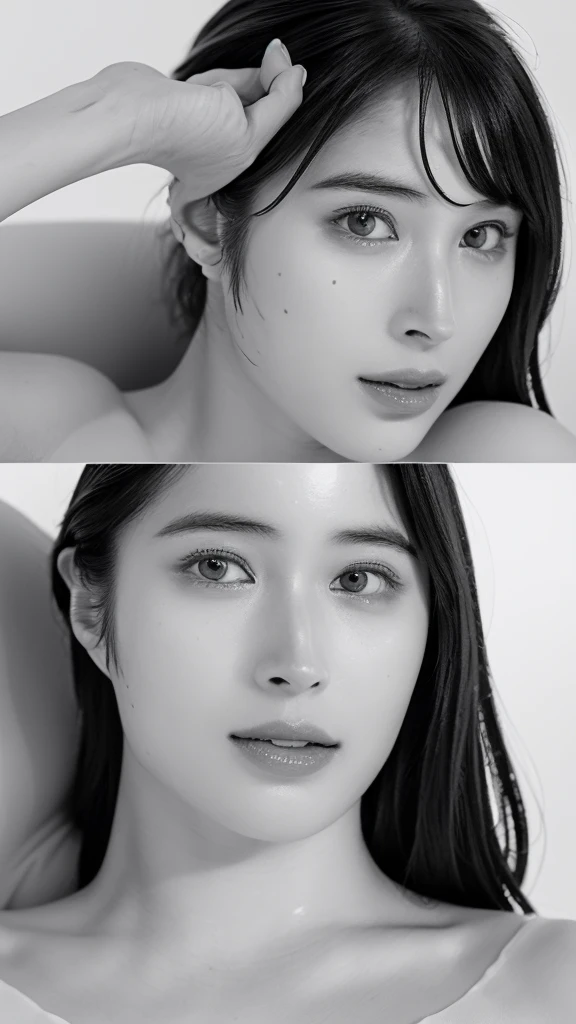(best quality,ultra-detailed,realistic),(monoclonal portraits),(black and white:1.7),(soft lighting),(Japanese beautiful face),(detailed facial features),(white background),(line drawing),anatomy correct,completely naked,perfect nude,undressed,gleaming face,shiny skin