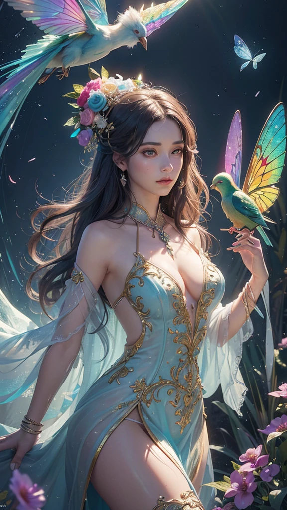 (Best Quality,4k,8K,Hight Resolution,masutepiece:1.2),Ultra-detailed,(realisitic,Photorealistic,Photorealcitic:1.37),Animation,girl in a flowering garden,fractal art,colourfull,dreaming,Pixel art,hummingbird,Glowing plants,Gentle breeze,capricious,Fantasy,imagination,magia,magia에 걸린 숲,sparkling dewdrops,fragrant flowers,majestic tree々,ethereal atmosphere,Soft sunlight,Dancing Petals,Serene Expression,delicate features,bright dress,light and elegant posture,fun and carefree,A world full of wonders,Garden styles that display incredible artistry,depth and dimension,movement and fluidity,Contrast between bold patterns and delicate details,Embrace the beauty of nature,Fusion of reality and fantasy.