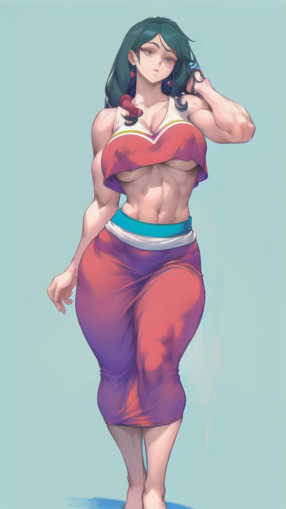 full body in image, full naked woman, (feet on image), simple hair, female naked body, curvy body, large hips, beautiful woman, thicc body, big thighs, voluptuous body, full thick body, dinamic pose, curve body. detalied pose, body, simple background, expressive face, focus on face, line art, sketch, Full body image of Moana from Moana, full body in image, wearing her original outfit (red crop top, cream skirt with a sash, and accessories), long wavy black hair, female body, athletic and slender body, dynamic pose, detailed pose, simple background, expressive face showing determination, focus on face, line art, sketch