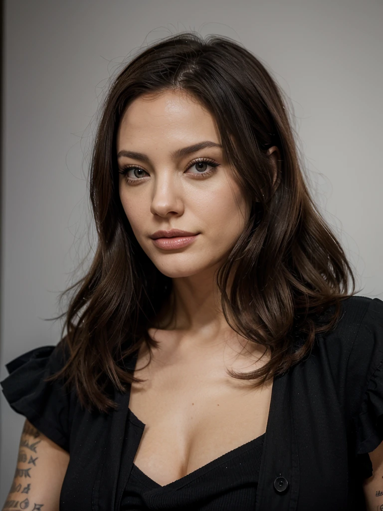 jolie femme, cheveux noirs, réaliste, tenue colorée, lumière blanche