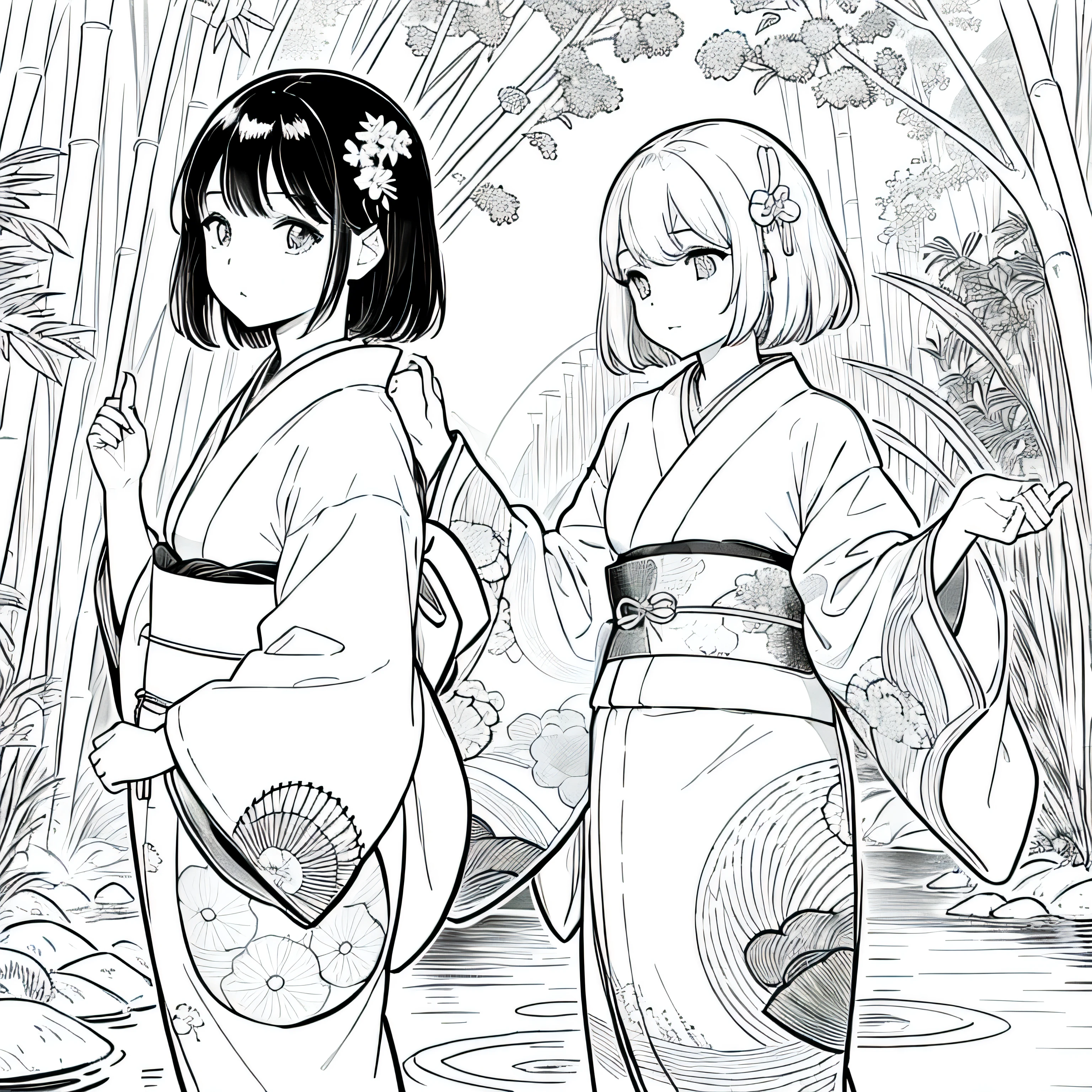 塗り絵andして, The color must be black and white, Boundaries should be simple, clear, bold. [Girl and short brown hair] wearing [kimono and koi fish pattern] While taking a walk [Arashiyama Bamboo Forest] Kyoto, Japan, and [Hairpin]