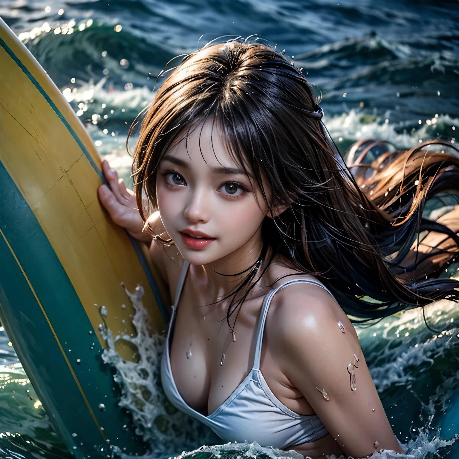 (ZoomedOut:1.28, Wide-shot) (Epic photo of surfer magazine:1.37).(Wetted Everything:1.6) WetHair (extremely detailed KAWAII wet face)(SparklingHighlights:1.28), Dynamic Joyful Expressions LifeLike Rendering (ManoErina:1.0) .