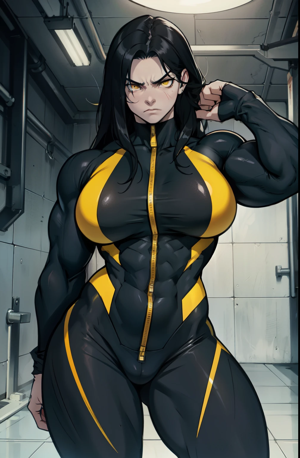 pale skin solo 1 girl black hair yellow eyes angry very long hair dark atmosphere (huge breasts bodybuilder toned body muscular) skinsuit