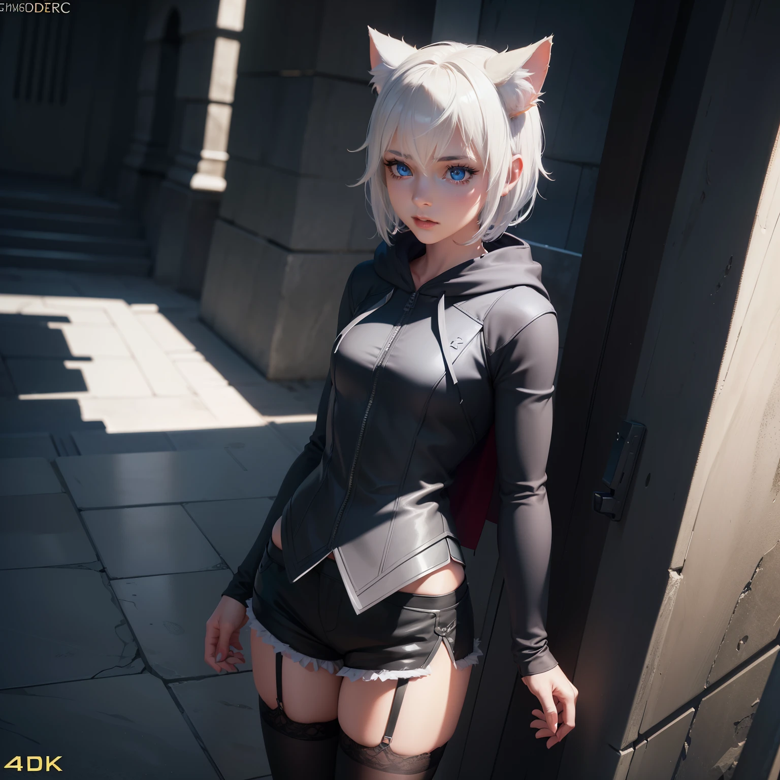 1 girl, character with cat ears, silver hair, short hair, beautiful detailed eyes, beautiful detailed lips, extremely detailed eyes and face, long eyelashes, wearing black hooded outfit, thigh-high stockings, garters, short shorts, (best quality,4k,8k,highres,masterpiece:1.2),ultra-detailed,(realistic,photorealistic,photo-realistic:1.37),concept art, fantasy, cinematic lighting, dramatic shadows You decided to wear a hoodie and covered your body, hiding yourself Rey 