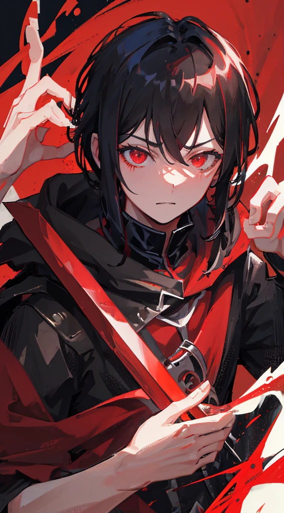 a guy with bright red eyes, red and black hair, wearing a crimson cloak and black mask and holding a knife made of blood