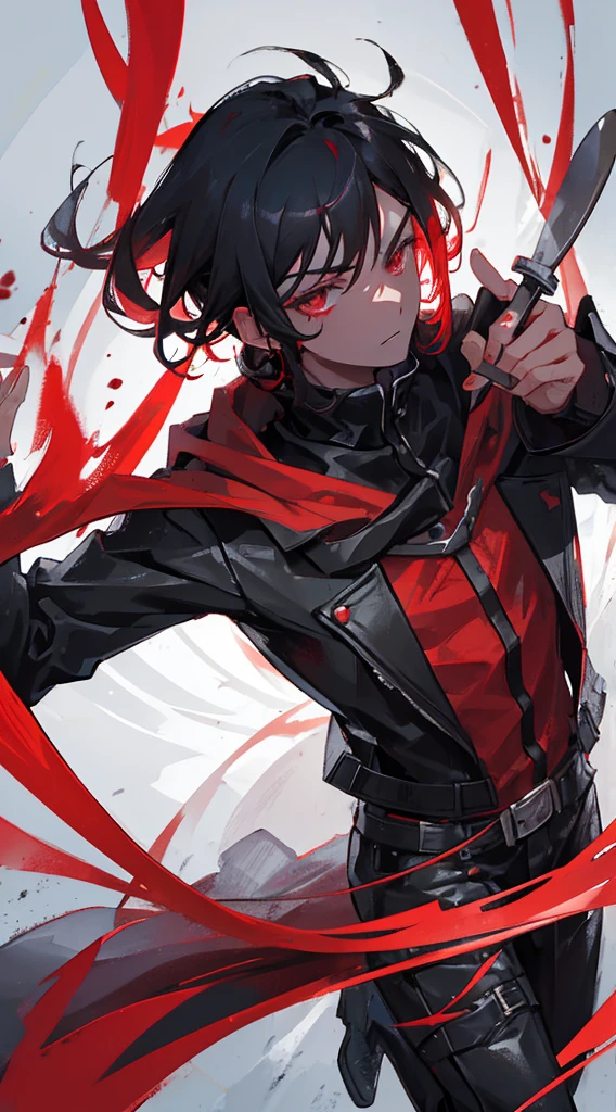 a guy with bright red eyes, red and black hair, wearing a crimson cloak and black mask and holding a knife made of blood
