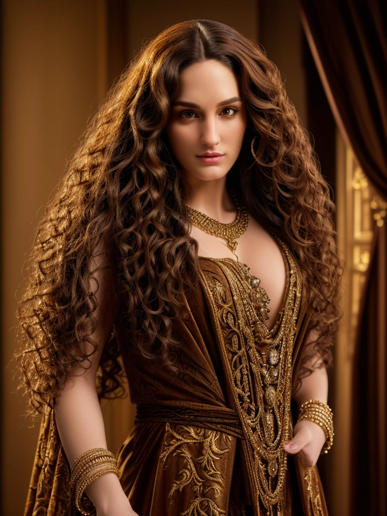 detailed man with long curly hair, duke's clothing, ornate and elaborate clothing, detailed facial features, intricate jewelry, high quality portrait, cinematic lighting, dramatic chiaroscuro, oil painting, masterpiece, (best quality,4k,8k,highres,masterpiece:1.2),ultra-detailed,(realistic,photorealistic,photo-realistic:1.37)