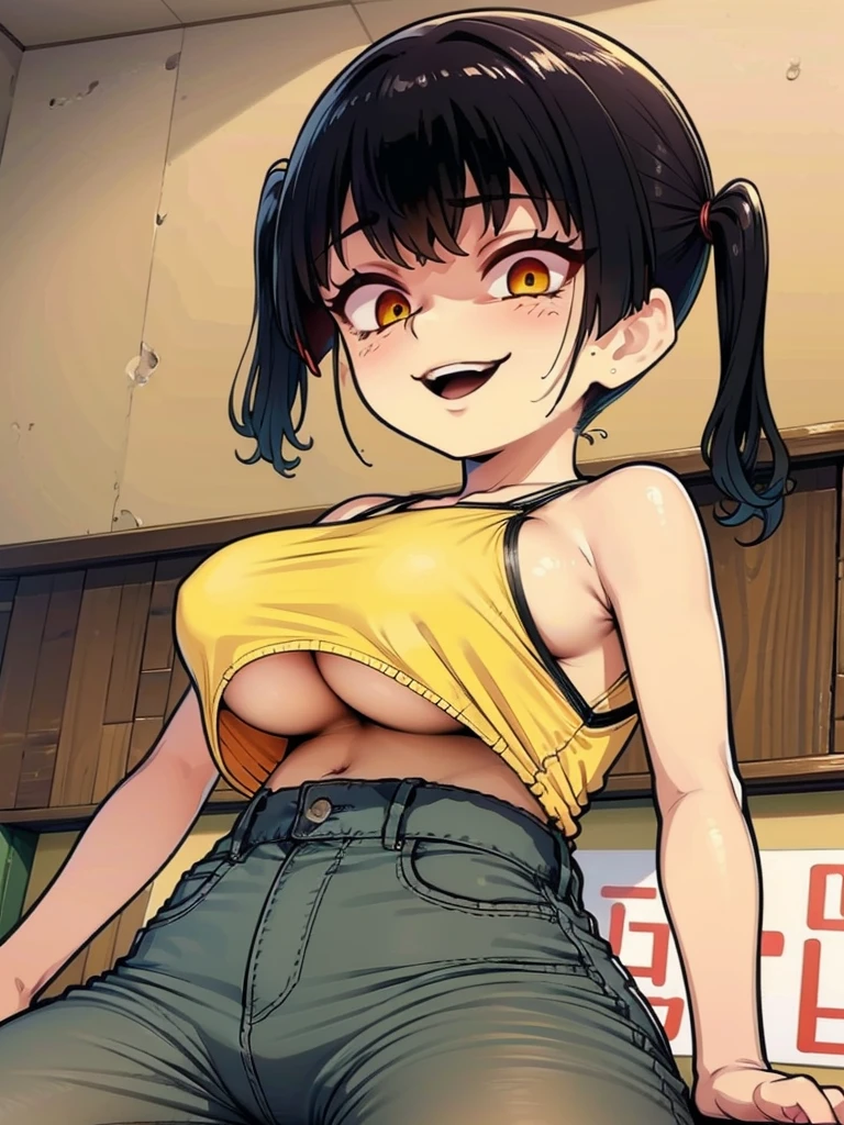 gesugaoをしながらtitfuckをするsasaki kanna, Yellow Tank Top, underboob, Sweat, Black hair twin tails, Guess face, smile, crazy Smile, 勝ち誇ったsmile, Her body is like that of a slender , but her breasts are large., Sasaki Kanna squeezes this strong penis with visible veins between her breasts, Dim torture chamber, prison, 狂気じみたsmile, 凄まじいsmile, stick out your tongue and tease, pupils are small, Grab both breasts with both hands