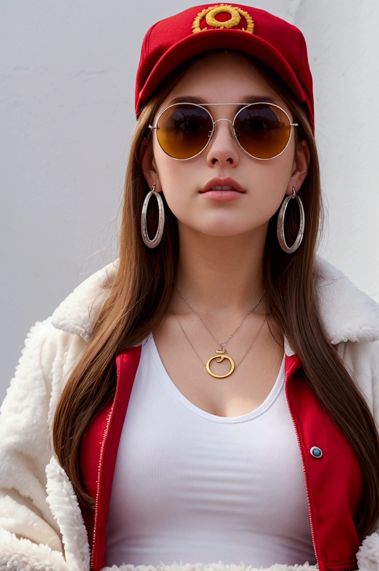 A white girl with sun glasses, brown long hair, red lips, red shirt, big , white furry &fluffy jacket, with blue jeans, big ass, yellow cap in the middle a logo of etherium, silver necklace with the logo of etherium, golden hoop earring, beatiful young 20 year old.