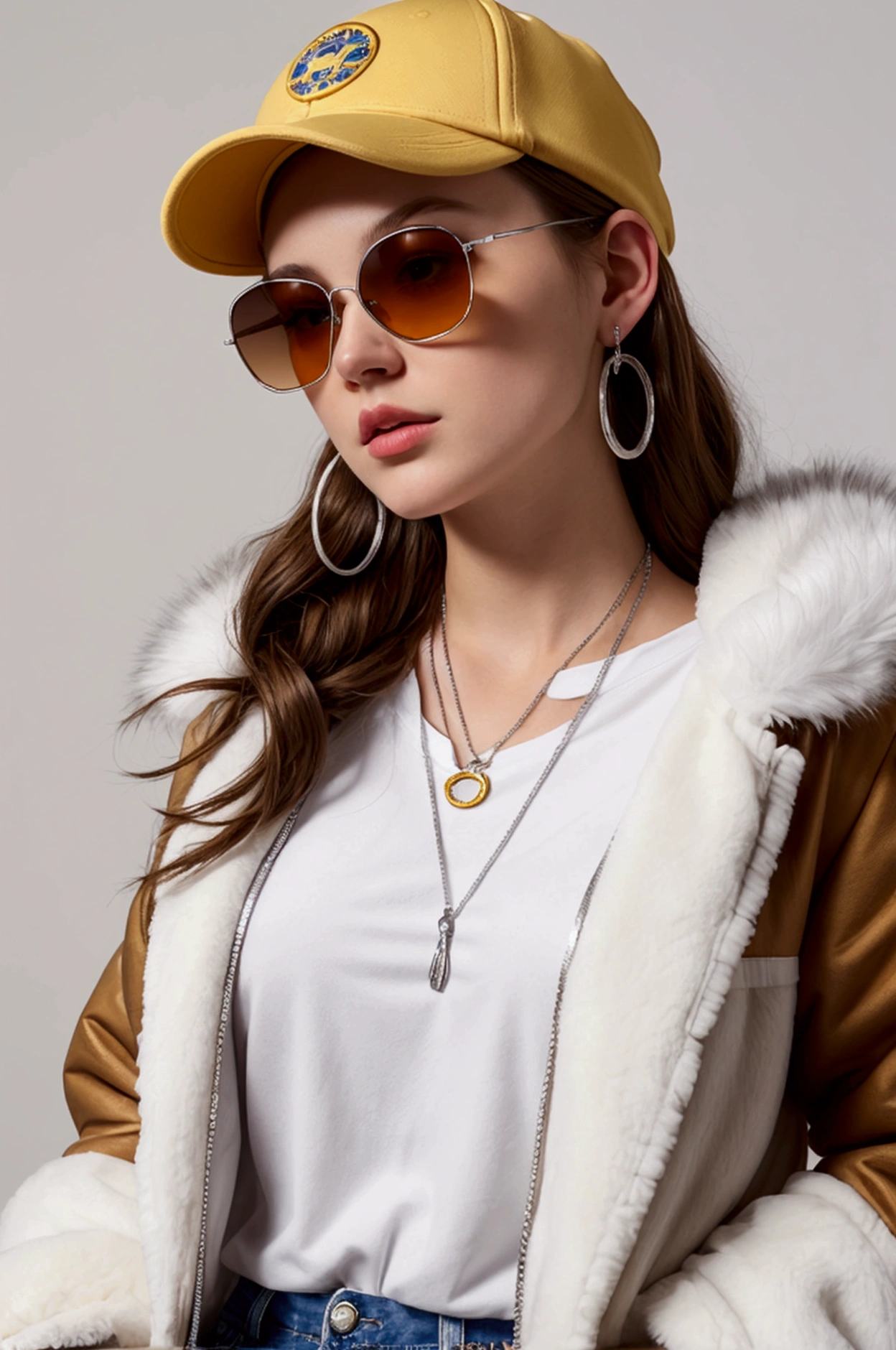 A white girl with sun glasses, brown hair, red shirt, big , white furry &fluffy jacket, with blue jeans, big ass, yellow cap in the middle a logo of etherium, silver necklace with the logo of etherium, golden hoop earring, beatiful young 20 year old.