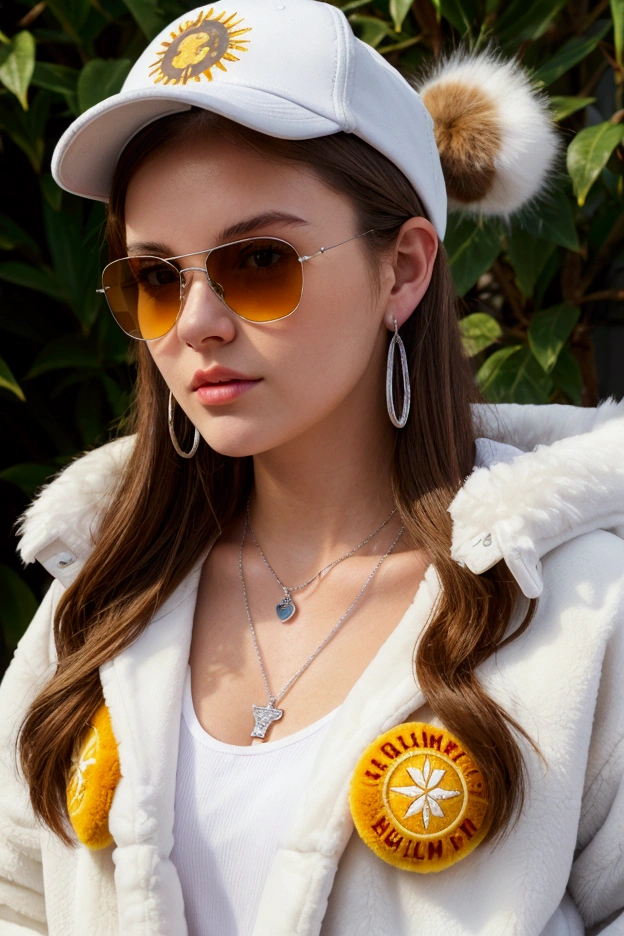 A white girl with sun glasses, brown hair, red shirt, big , white furry &fluffy jacket, with blue jeans, big ass, yellow cap in the middle a logo of etherium, silver necklace with the logo of etherium, golden hoop earring, beatiful young 20 year old.