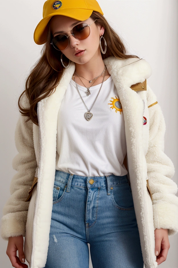 A white girl with sun glasses, brown hair, red shirt, big , white furry &fluffy jacket, with blue jeans, big ass, yellow cap in the middle a logo of etherium, silver necklace with the logo of etherium, golden hoop earring, beatiful young 20 year old.