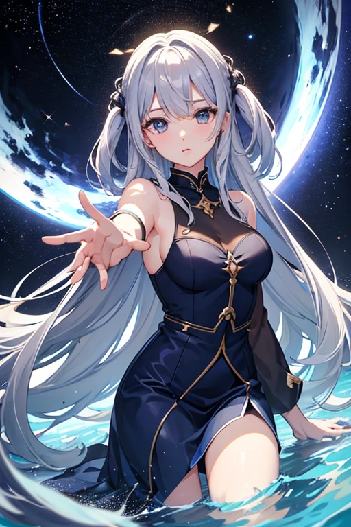 masterpiece, Highest quality, High resolution，Follow the on-screen instructions、Anime Style、Follow the prompts、One Girl、Long silver hair、、universe space、Confused、Reaching out to the earth