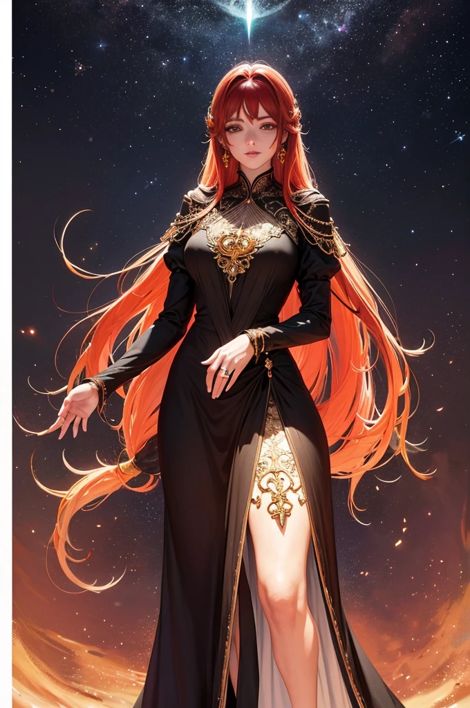 (MESTRA CIGANA SULAMITA) super-realista, Standing showing all her realistic 8K red/orange lace dress floating in space , cabelos negros, pele, dourada, corpo full body perfect , Detailed Hands with Ruby Ring, 40 anos, Mystery front image ::8, flowing robe, Intricate red/orange Makeup Patterns ::7, body ::6, Aura Encantada, magia brilhante ::5, On your card table, Bubbling Potion ::4, Magic ingredients, spellbooks ::3, gesto de spellcasting ::2, mistic ambient, supernatural presence ::1. Smoke and atmosphere:  , poderes naturais, como frutos, folhas, cristais, 16K.  