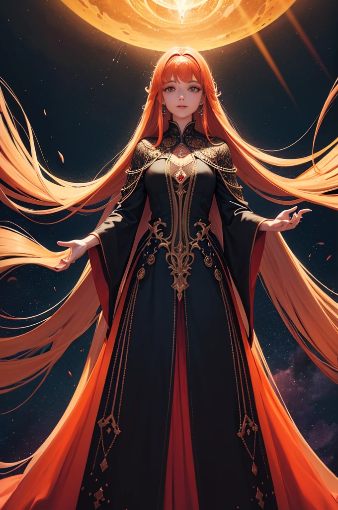 (MESTRA CIGANA SULAMITA) super-realista, Standing showing all her realistic 8K red/orange lace dress floating in space , cabelos negros, pele, dourada, corpo full body perfect , Detailed Hands with Ruby Ring, 40 anos, Mystery front image ::8, flowing robe, Intricate red/orange Makeup Patterns ::7, body ::6, Aura Encantada, magia brilhante ::5, On your card table, Bubbling Potion ::4, Magic ingredients, spellbooks ::3, gesto de spellcasting ::2, mistic ambient, supernatural presence ::1. Smoke and atmosphere:  , poderes naturais, como frutos, folhas, cristais, 16K.  