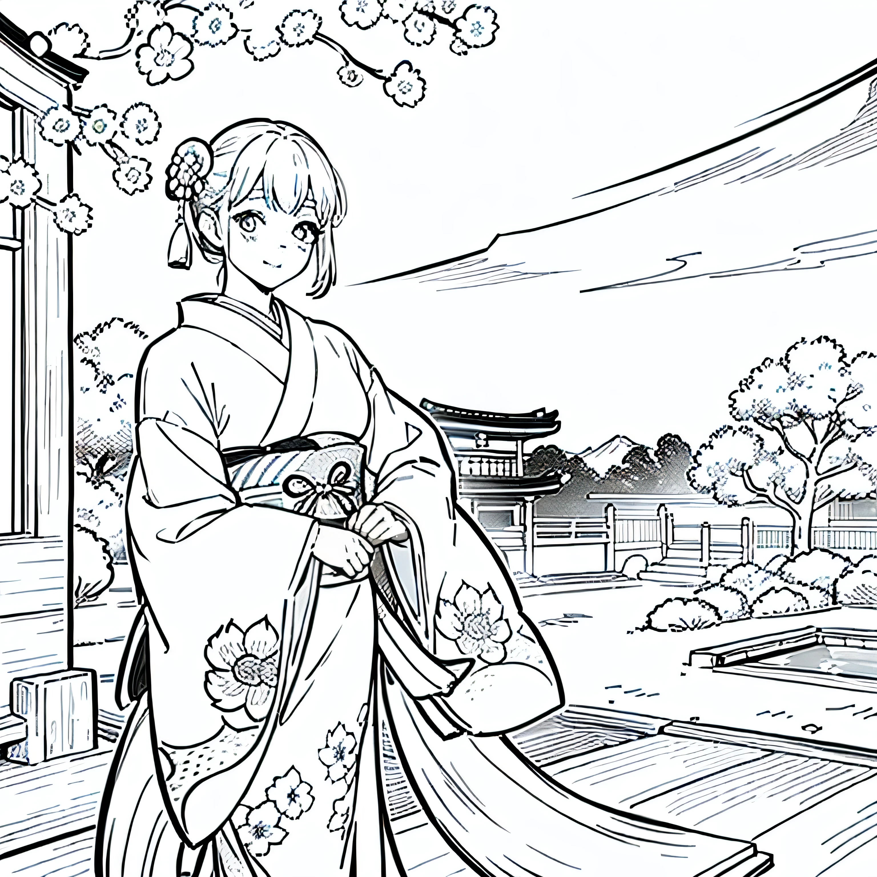 masterpiece, Top-class,only, Dragon Cute , flower line art background, White Background, monochrome, line art, ((sketch)), spooky, White eyes, 大人でも簡単にできるmonochromeの塗り絵を作ってください, A realistic and cute ukiyo-e painting of a girl in a kimono, Mr.々In a pose, With a Japanese garden in the background, Communicating Japanese culture.