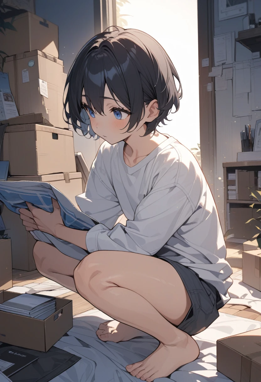 masterpiece, best quality, extremely detailed, ultra detailed, flat anime, 2D,
((1boy)),black hair, (short hair:1.2),blue eyes, height 1.7meters,  (circle eyes:1.2),  (young adult:1.2)
long Sleeves, White T-shirt, barefoot, 
squatting, looking away, expressionless,
summer, 12AM, livingroom,organizing the boxes., I'm looking at the material in my hand.