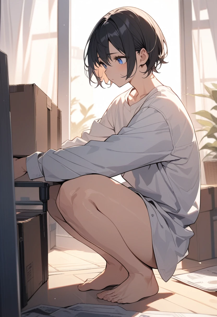 masterpiece, best quality, extremely detailed, ultra detailed, flat anime, 2D,
((1boy)),black hair, (short hair:1.2),blue eyes, height 1.7meters, (circle eyes:1.2), (young adult:1.2)
long Sleeves, White T-shirt, barefoot,
squatting, looking away, expressionless,
summer, 12AM, livingroom,organizing the boxes., I'm looking at the material in my hand.