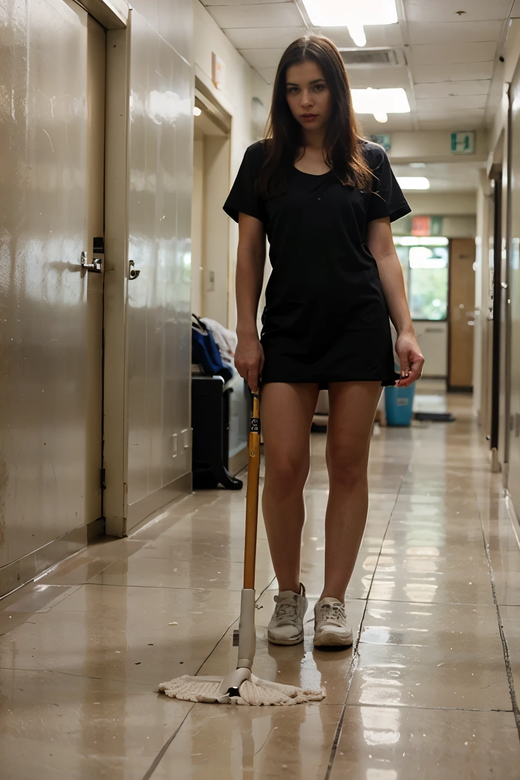 young russian woman mopping the floor in a hospital hallway with a mop beautiful 